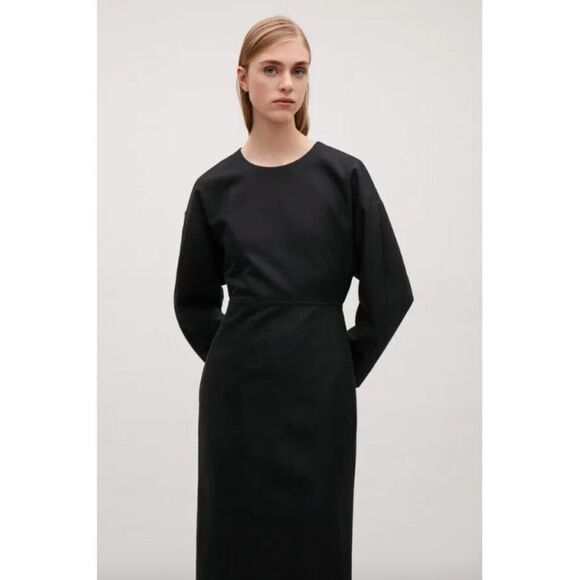 COS black wool blend dropped shoulder barrel sleeve minimalist midi dress - Picture 1 of 7
